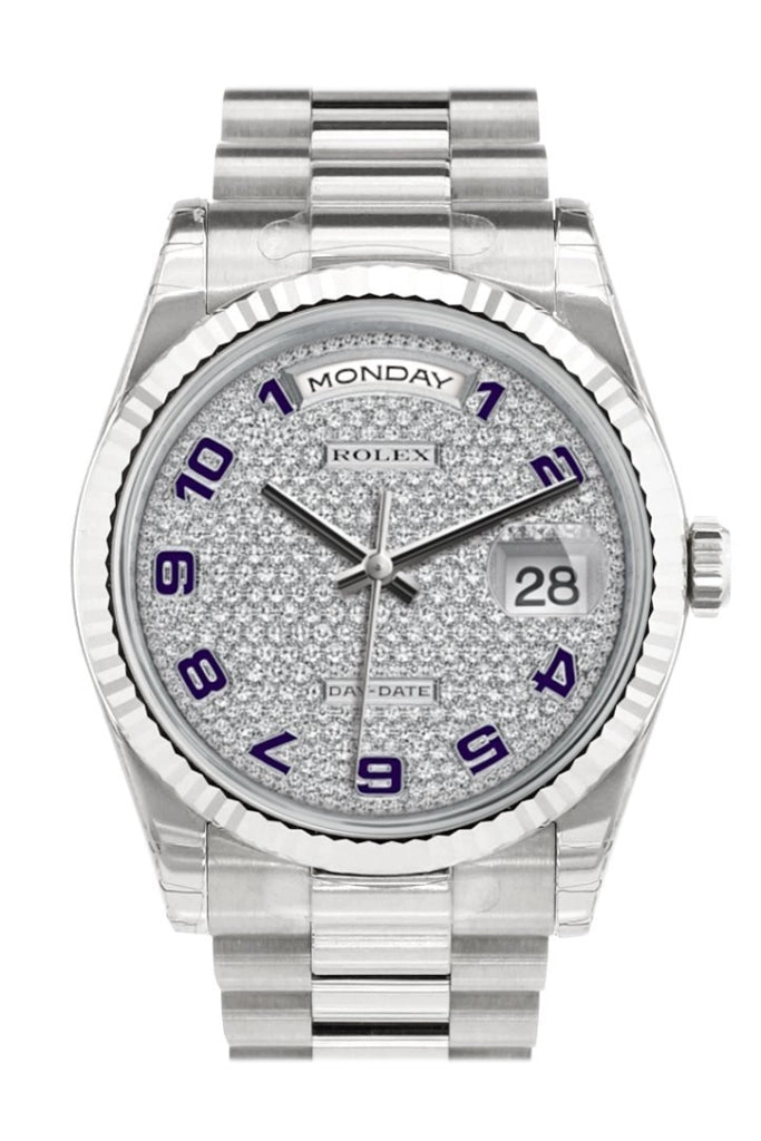 Rolex Day-Date 36 Diamond-paved Dial Fluted Bezel President White Gold Watch 118239