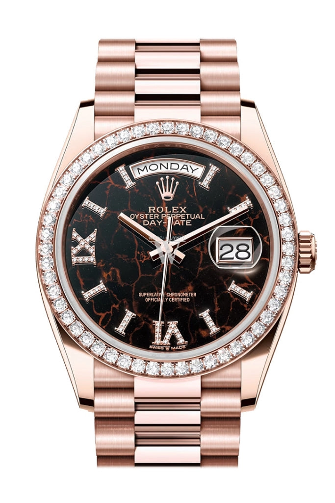 Rolex Day-Date 36 Eisenkiesel Dial Diamond Bezel 18K Everose Gold President Watch 128345RBR