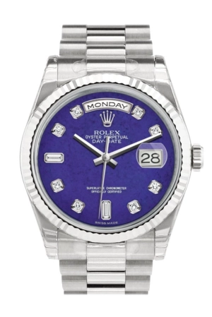 Rolex Day-Date 36 Lapis Lazuli set with Diamonds Dial Fluted Bezel President White Gold Watch 118239