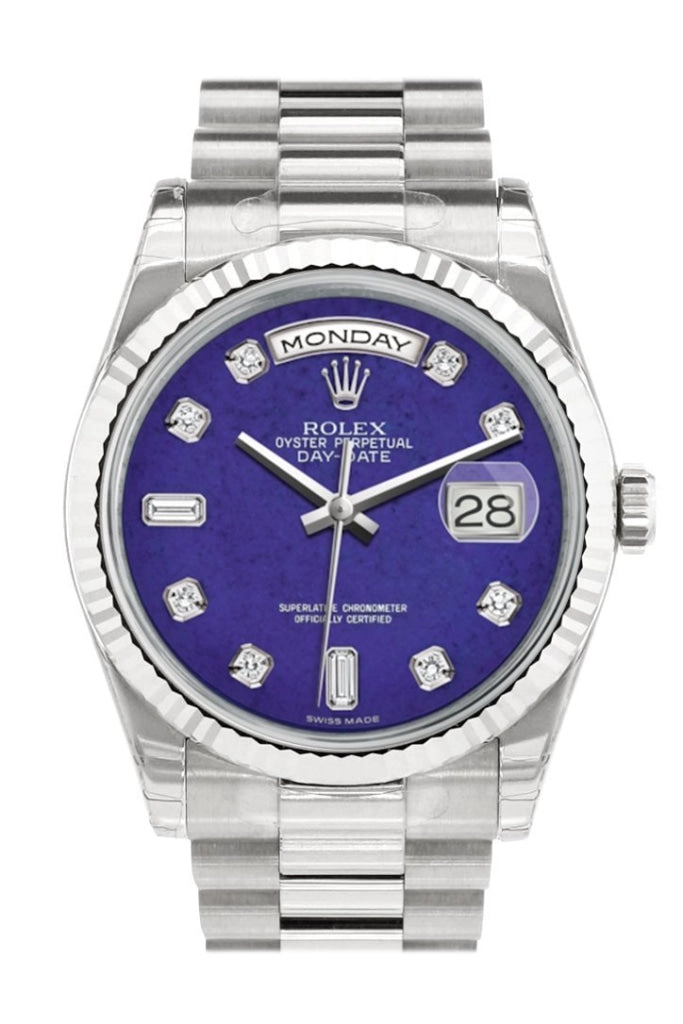 Rolex Day-Date 36 Lapis Lazuli set with Diamonds Dial Fluted Bezel President White Gold Watch 118239