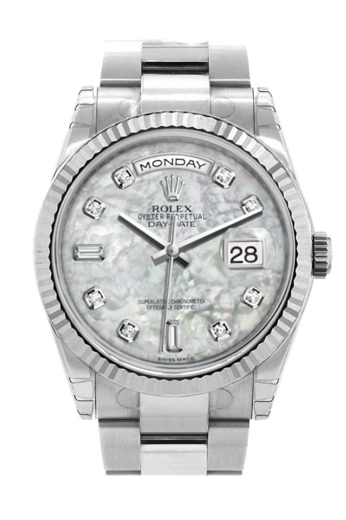 Rolex Day-Date 36 White mother-of-pearl set with Diamonds Dial Fluted Bezel Oyster White Gold Watch 118239