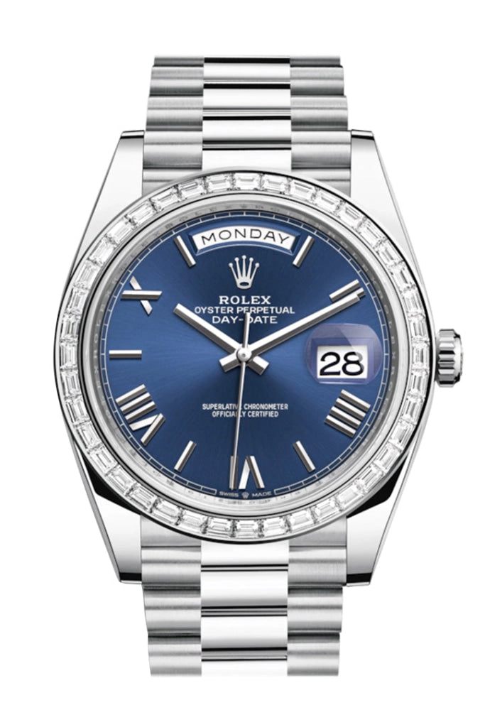 Rolex Day-Date 40 Blue Roman Dial 40 Baguette Diamond Bezel Platinum President Automatic Men's Watch 228396TBR 228396