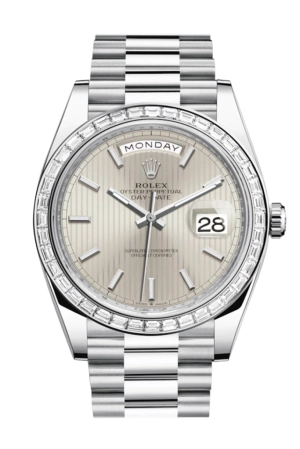 Rolex Day-Date 40 Silver Stripe Motif Dial 40 Baguette Diamond Bezel Platinum President Automatic Men's Watch 228396TBR DC