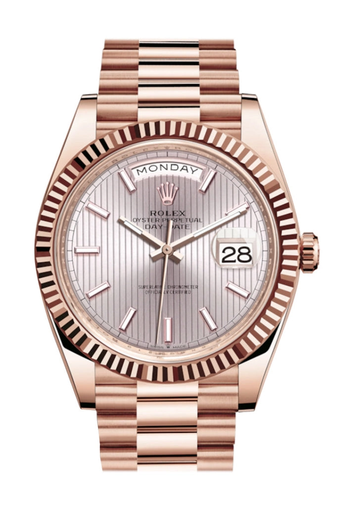 Rolex Day-Date 40 Sundust Stripe Motif Dial Fluted Bezel 18K Everose gold President Automatic Men's Watch 228235 DC