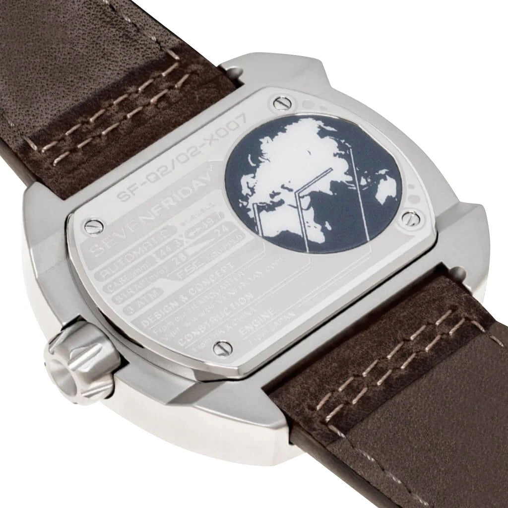 SEVENFRIDAY Q-Series Automatic Stainless Steel Gold Dial Brown Leather Strap Date Mens Watch Q2/02