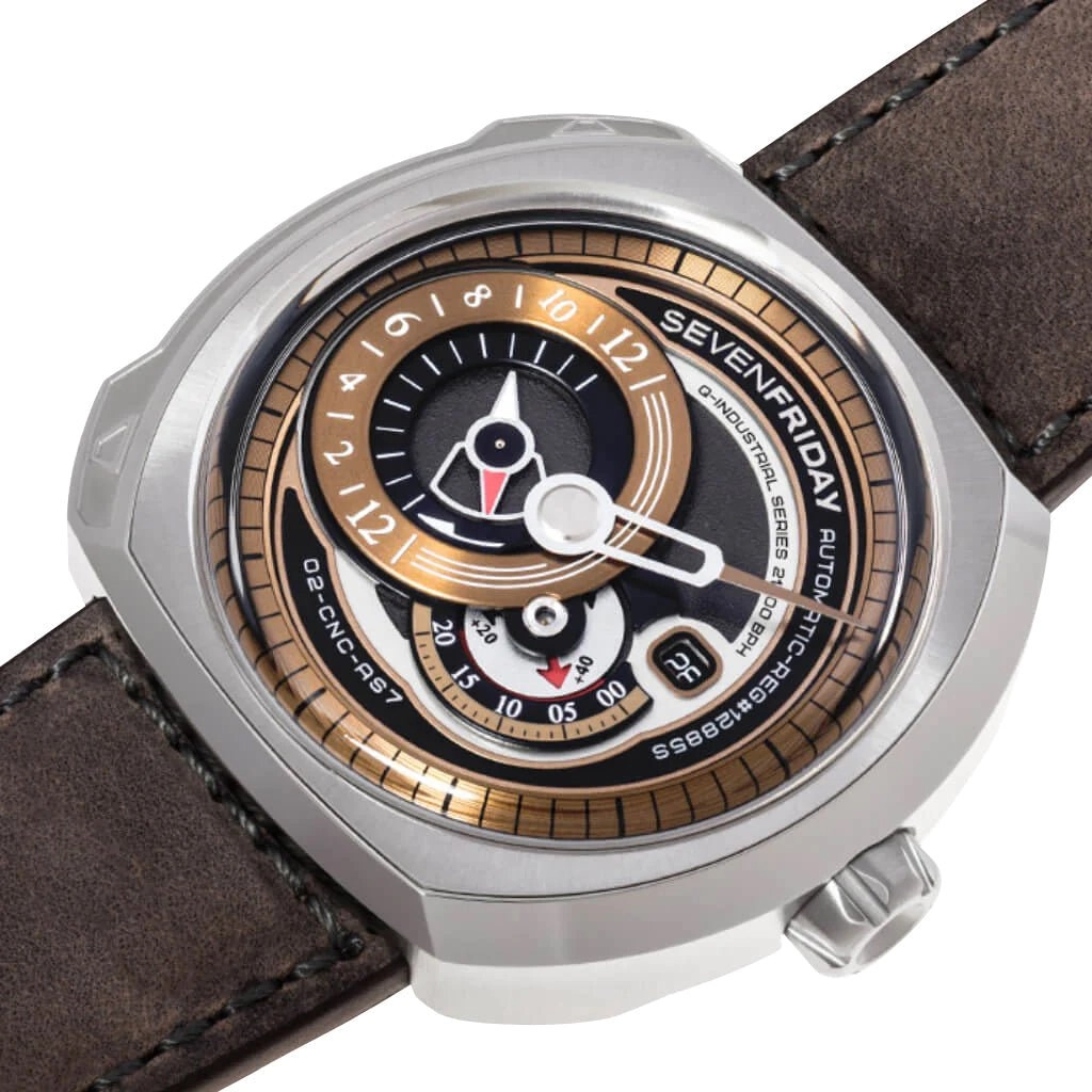 SEVENFRIDAY Q-Series Automatic Stainless Steel Gold Dial Brown Leather Strap Date Mens Watch Q2/02