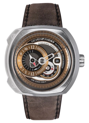 SEVENFRIDAY Q-Series Automatic Stainless Steel Gold Dial Brown Leather Strap Date Mens Watch Q2/02