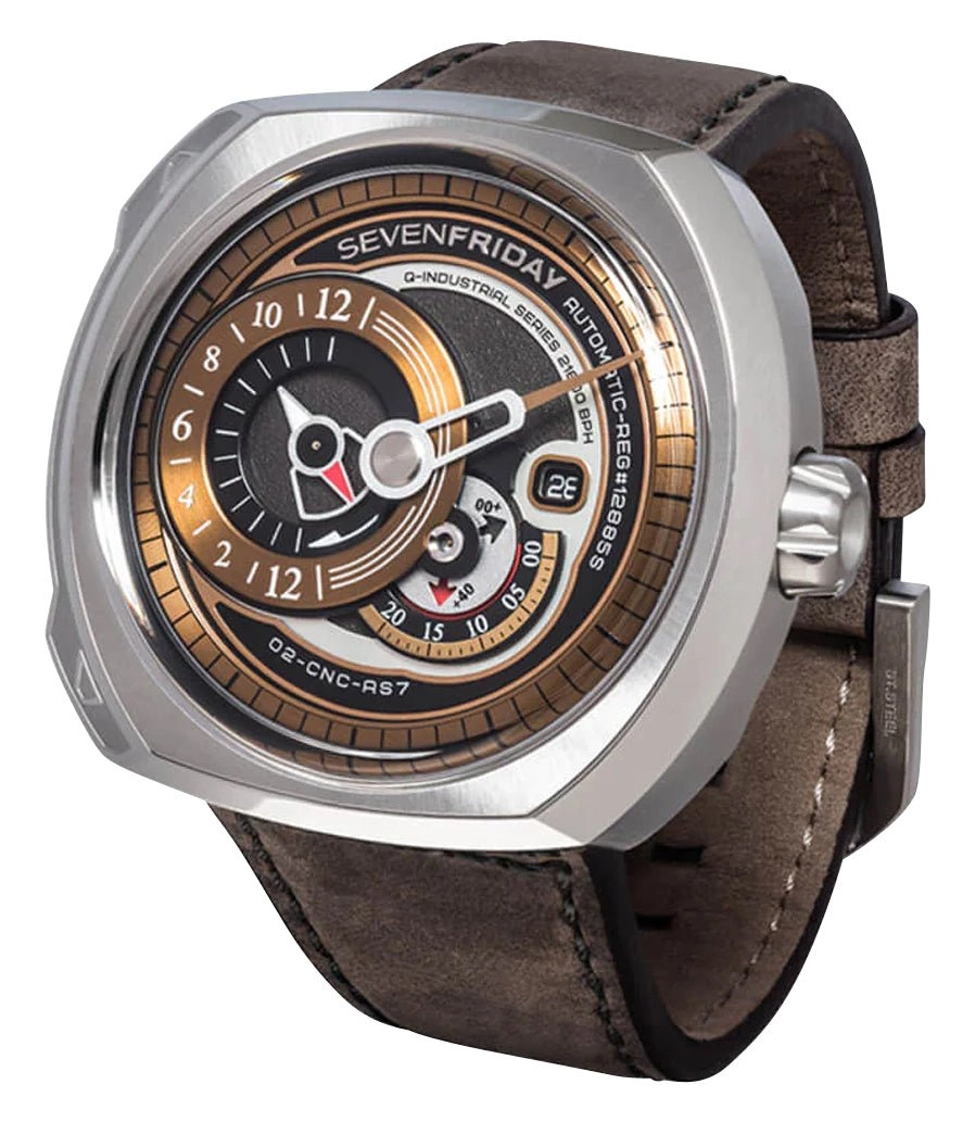 SEVENFRIDAY Q-Series Automatic Stainless Steel Gold Dial Brown Leather Strap Date Mens Watch Q2/02