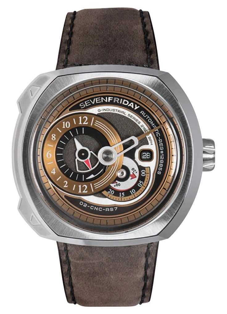 SEVENFRIDAY Q-Series Automatic Stainless Steel Gold Dial Brown Leather Strap Date Mens Watch Q2/02