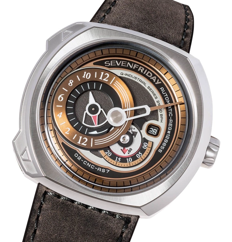 SEVENFRIDAY Q-Series Automatic Stainless Steel Gold Dial Brown Leather Strap Date Mens Watch Q2/02