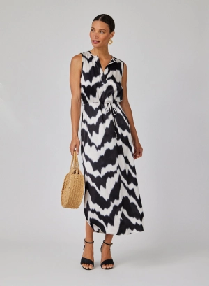 Sleeveless Belted Maxi Dress - Abstract Ikat Print