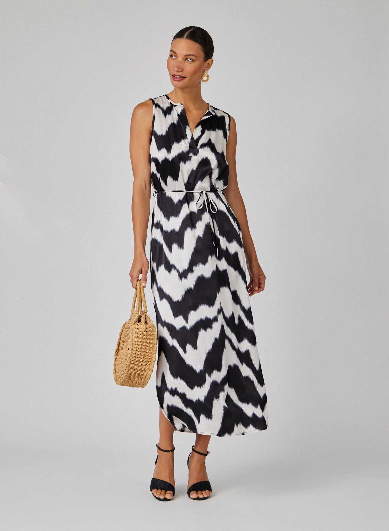 Sleeveless Belted Maxi Dress - Abstract Ikat Print