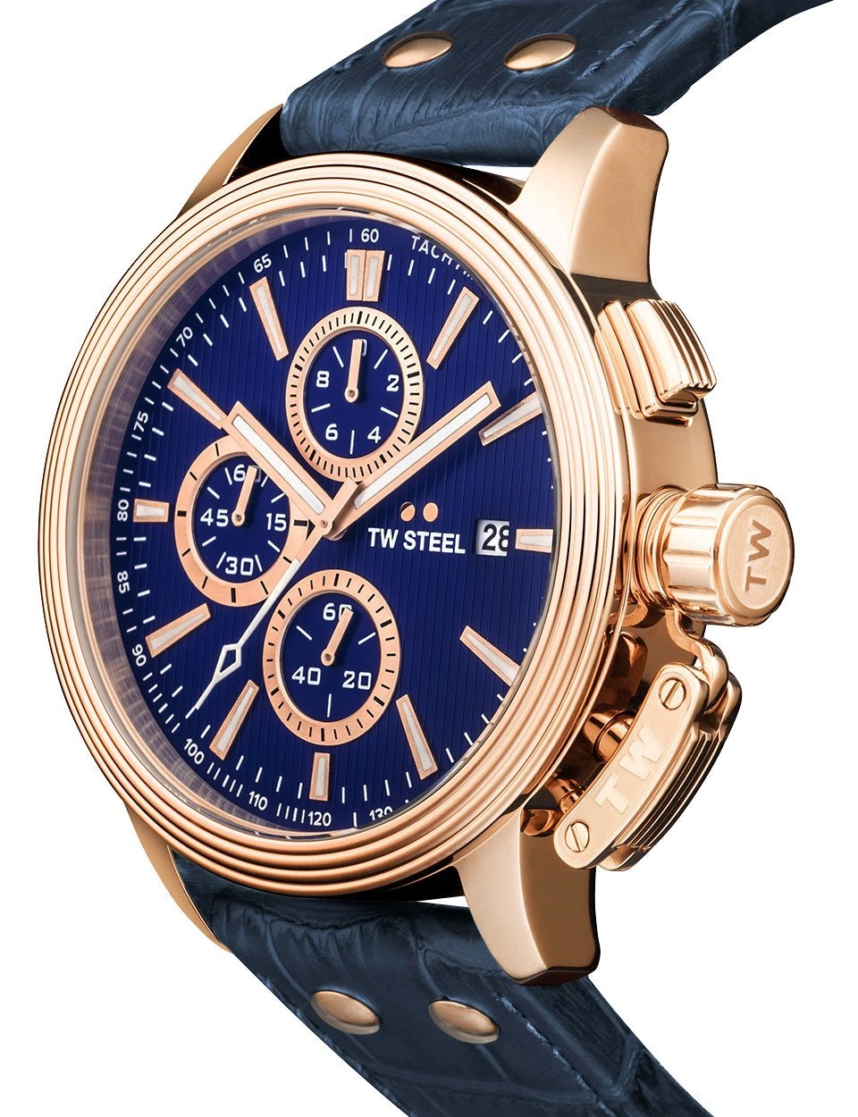 TW Steel Ceo Adesso Chronograph Rose Gold PVD Blue Leather Strap Blue Dial Quartz Date Mens Watch CE7016