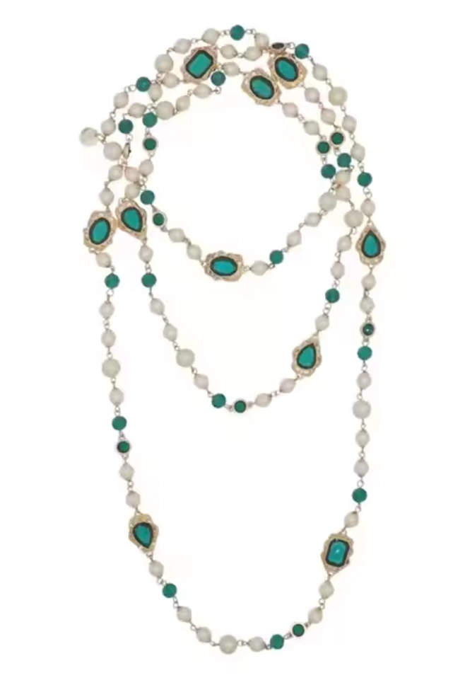 Vintage Double Layer Handmade Pearl Emerald Necklace 
