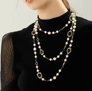Vintage Double Layer Handmade Pearl Emerald Necklace 