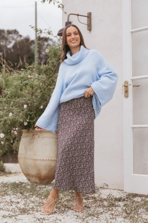 Willow Midi Skirt - Brown Blue Floral