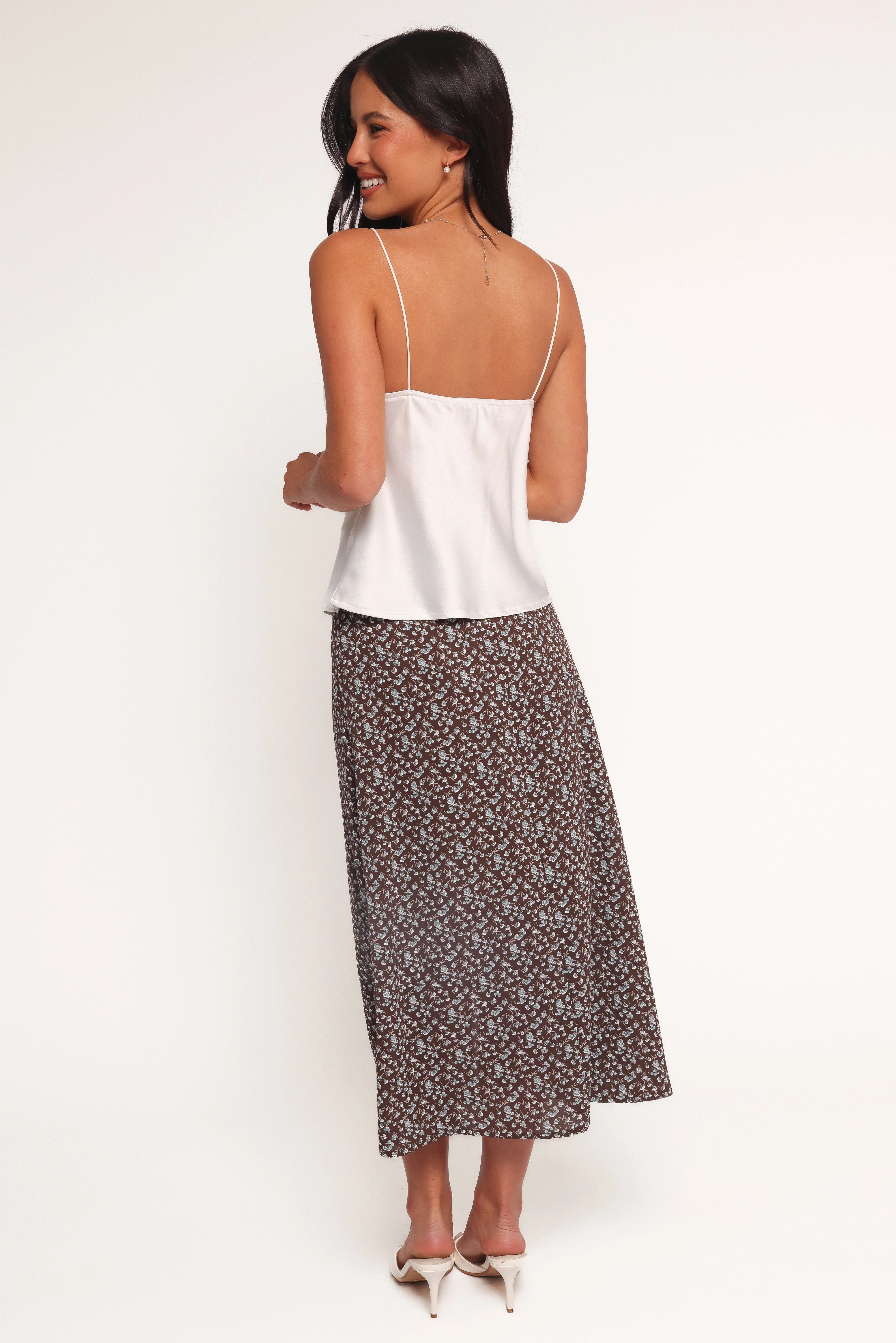 Willow Midi Skirt - Brown Blue Floral
